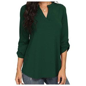 NILOUFO Womens Summer Shirts Notch V Neck Blouses 3/4 Roll Sleeve Tunic Tops Lar